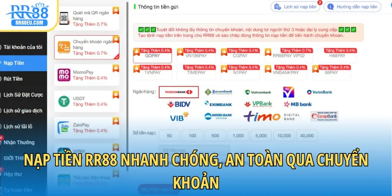 Nạp tiền RR88 nhanh chóng, an toàn qua chuyển khoản